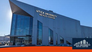 Rendering of the Nexus Center in Utica with Utica University on exterior.