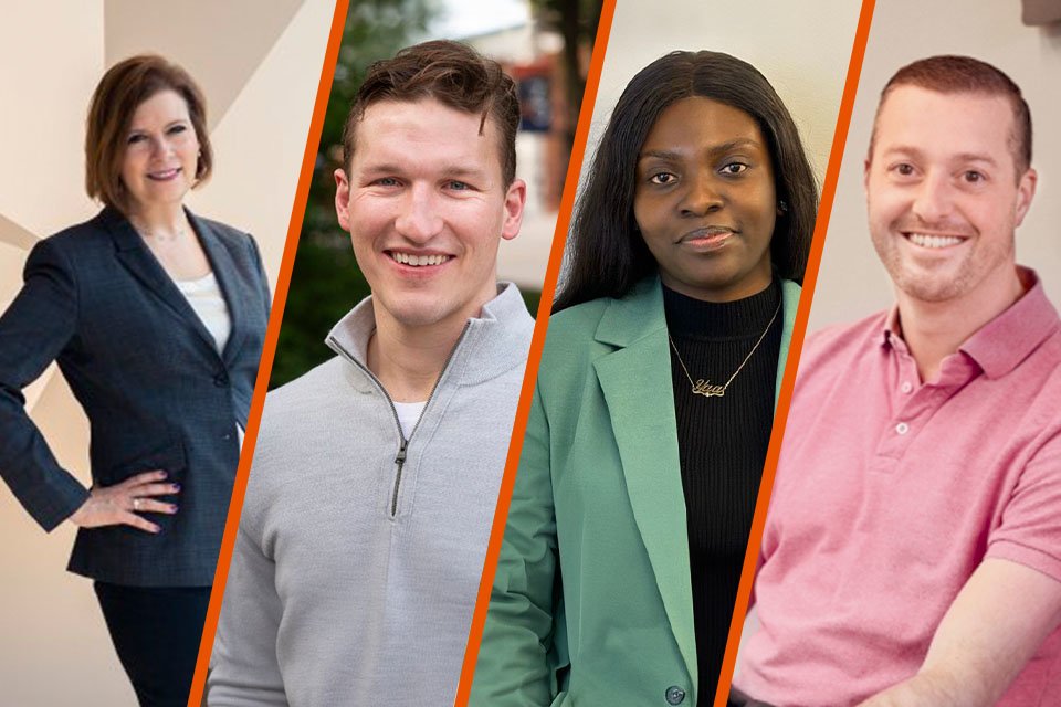 A split screen featuring four headshots of successful Utica University business alumni.